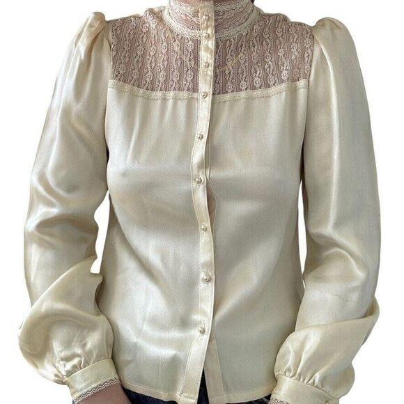 Vintage 1970s Gunne Sax Ivory Cream Satin Romantic Cottagecore Blouse Sz S - Picture 6 of 10